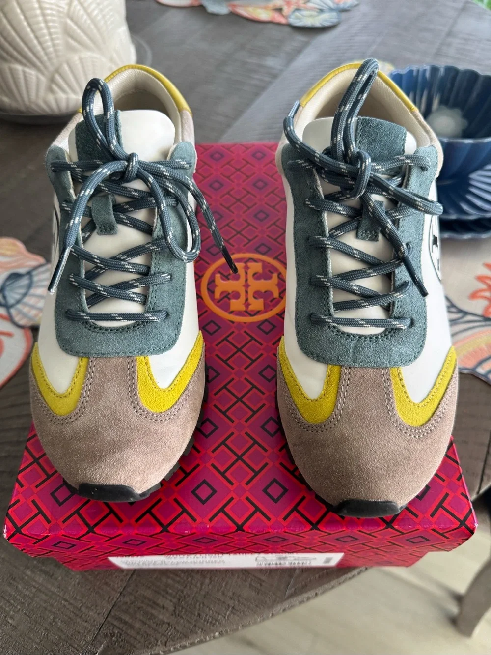 Tory Burch White, Light Taupe, Stormy & Yellow Runner Sneaker